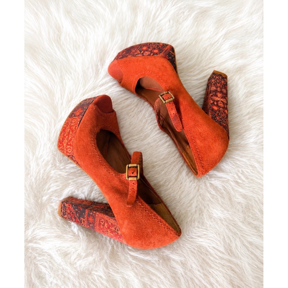 Lucky Brand 7.5 Suede Orange Paisley Open Toe Mary Jane Platform Pump Y2K Boho